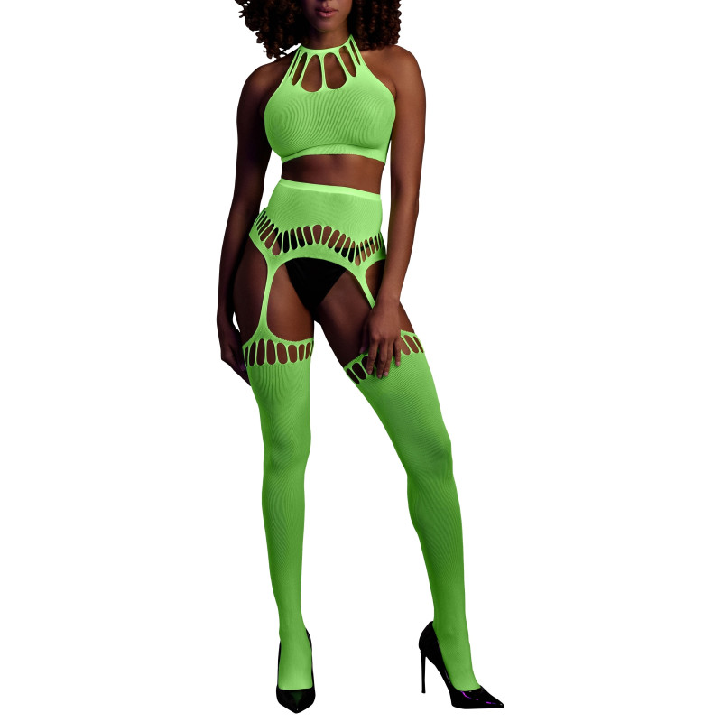 Ouch! Glow Ensemble Bustier Dos nu et Porte-Jarretelles 2 Pièces Vert Fluo